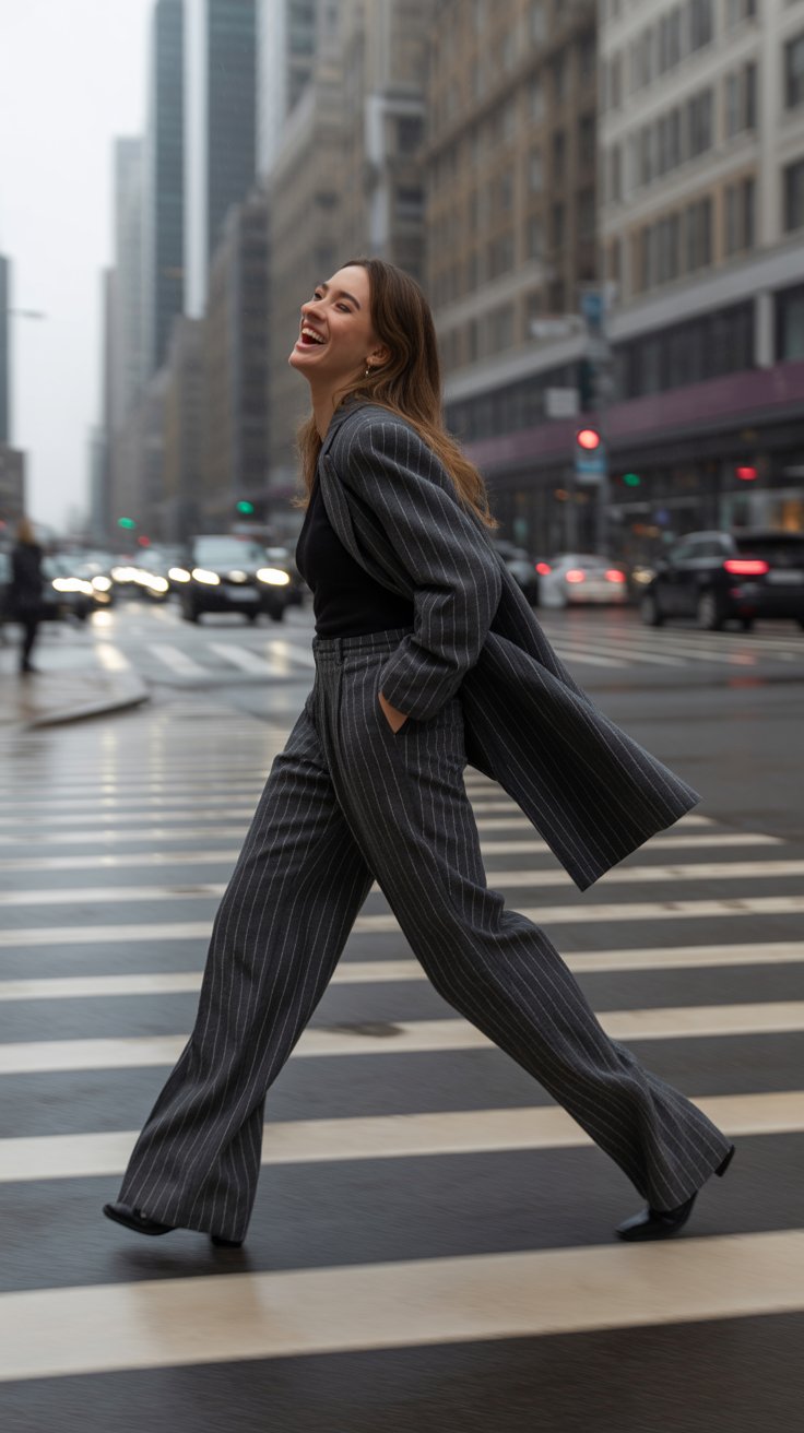High-rise, pooled-at-the-shoe trousers in Super 120s wool add drama. 