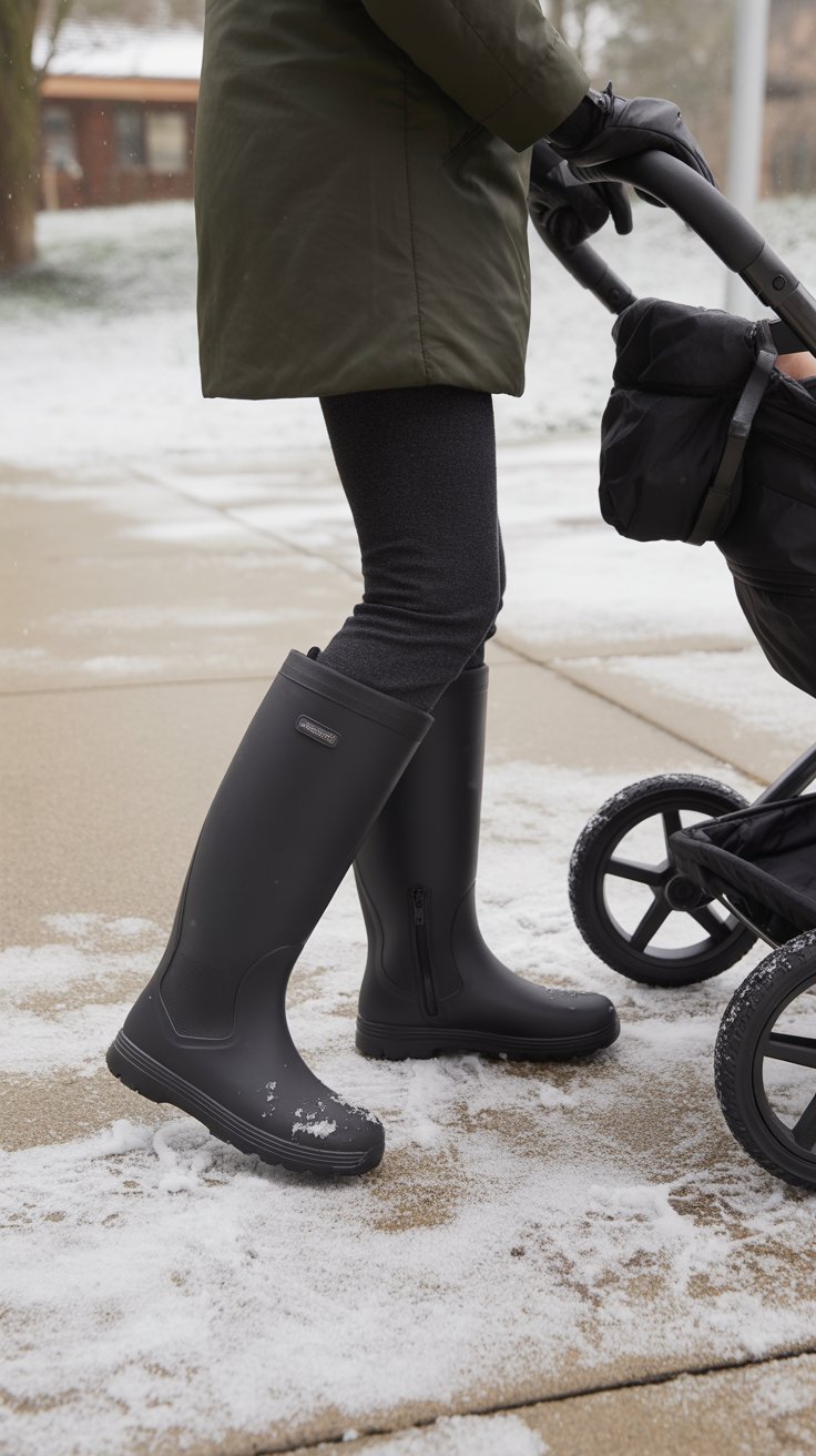 “Close-up of black waterproof knee-high boots splashing through light snow on suburban sidewalk, legs of a bundled-up mom pushing stroller visible, high realism, practical vibes”