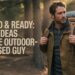 Rugged male hiker at forest edge during golden hour wearing an olive waxed-canvas jacket, backpack strapped with a slate-gray camp chair, warm earthy tones; left-side negative space shows text overlay that reads ‘Rugged & Ready: 7 Gift Ideas for the Outdoor-Obsessed Guy.