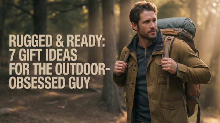 Rugged male hiker at forest edge during golden hour wearing an olive waxed-canvas jacket, backpack strapped with a slate-gray camp chair, warm earthy tones; left-side negative space shows text overlay that reads ‘Rugged & Ready: 7 Gift Ideas for the Outdoor-Obsessed Guy.