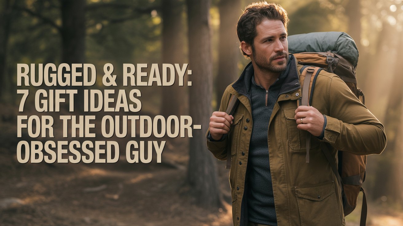 Rugged male hiker at forest edge during golden hour wearing an olive waxed-canvas jacket, backpack strapped with a slate-gray camp chair, warm earthy tones; left-side negative space shows text overlay that reads ‘Rugged & Ready: 7 Gift Ideas for the Outdoor-Obsessed Guy.