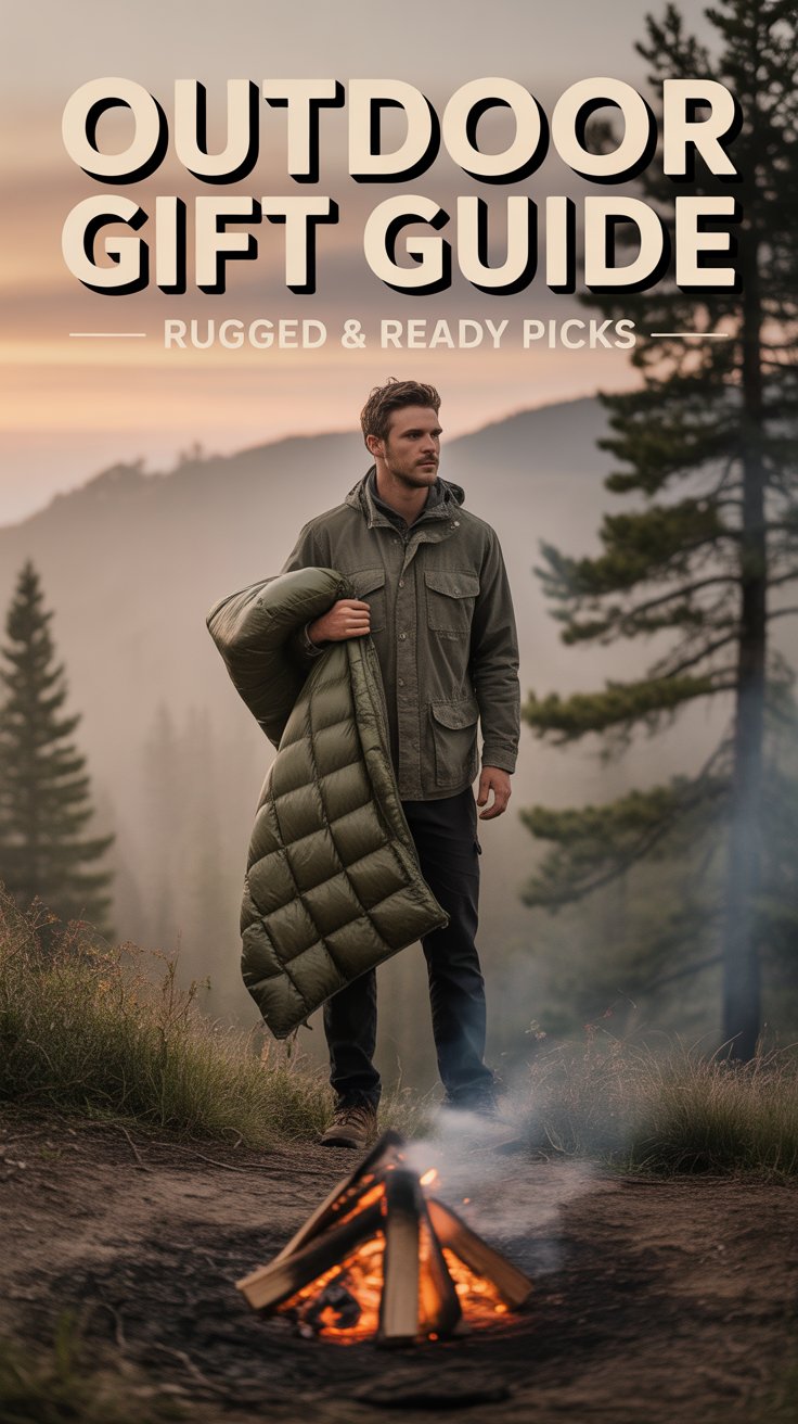 Vertical graphic of hiker on a misty ridgeline at dawn, holding a marsh-colored packable down blanket that billows in the breeze; soft campfire glow and pine silhouettes in background; top third displays text overlay ‘Outdoor Gift Guide – Rugged & Ready Picks.’