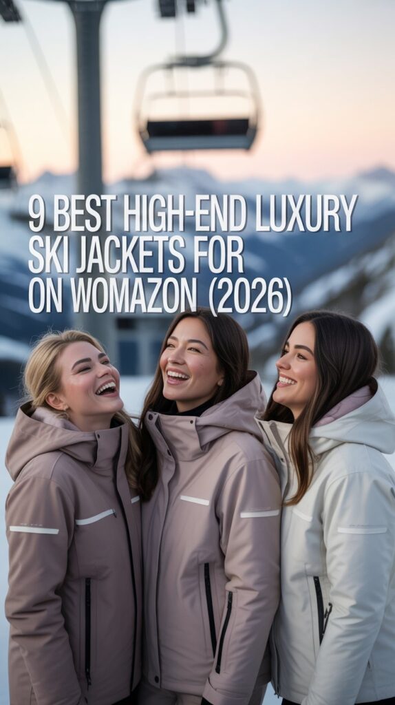 soft snow flurries and pastel alpine peaks with a faint chair-lift behind them. Large headline overlay reads: ‘9 Best High-End Luxury Ski Jackets for Women on Amazon (2026).