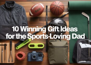 Flat-lay of multiple sports gifts—football, basketball, hockey stick, putting mat, BBQ caddy, cooler backpack, action camera, clear stadium bag—featured image for 10 Winning Gift Ideas for the Sports-Loving Dad”