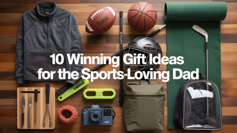 Flat-lay of multiple sports gifts—football, basketball, hockey stick, putting mat, BBQ caddy, cooler backpack, action camera, clear stadium bag—featured image for 10 Winning Gift Ideas for the Sports-Loving Dad”