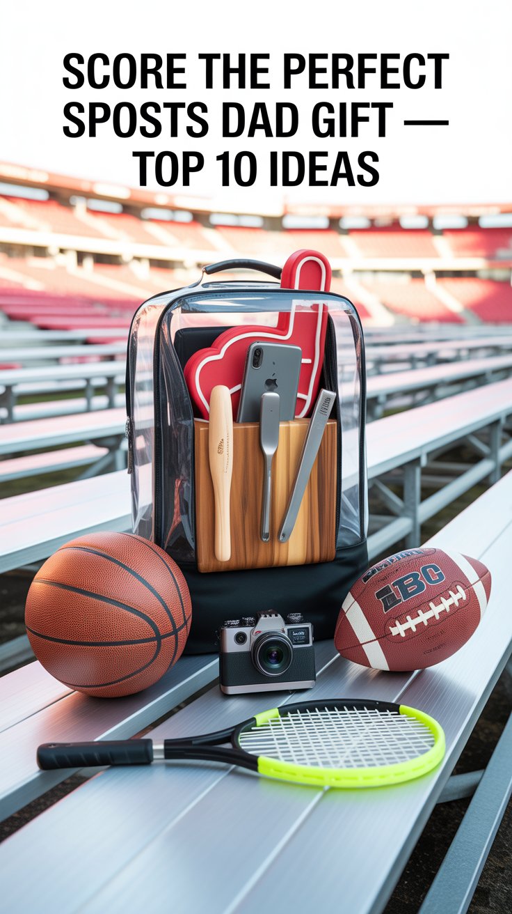 Stadium bleacher scene with neatly styled sports gifts—clear bag, football, basketball, BBQ caddy, action cam—Pinterest hero image for perfect sports dad gifts