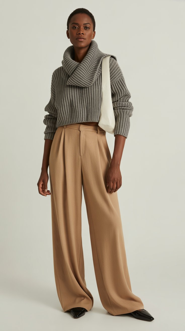 Cozy gray shawl collar sweater in chunky knit with camel wide-leg trousers in linen-wool mix—sweater cropped to balance trouser volume. Black ballet flats. 