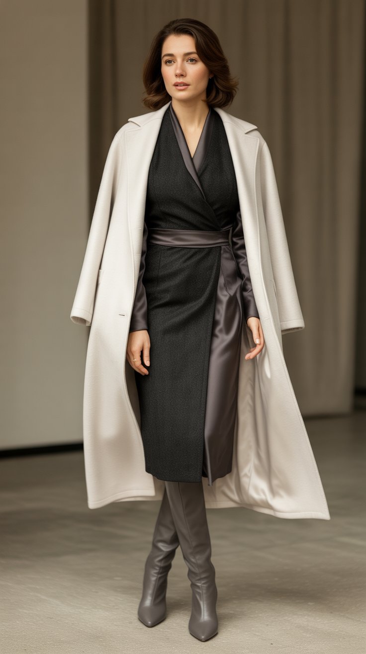 Black wool wrap dress with silky lining under ivory long coat—self-belt defines waist for ideal hourglass proportions. Finish with gray heeled booties. 