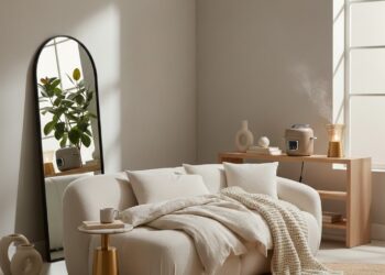 Modern organic living room featuring viral Walmart home decor finds like arched mirror and marble drink table