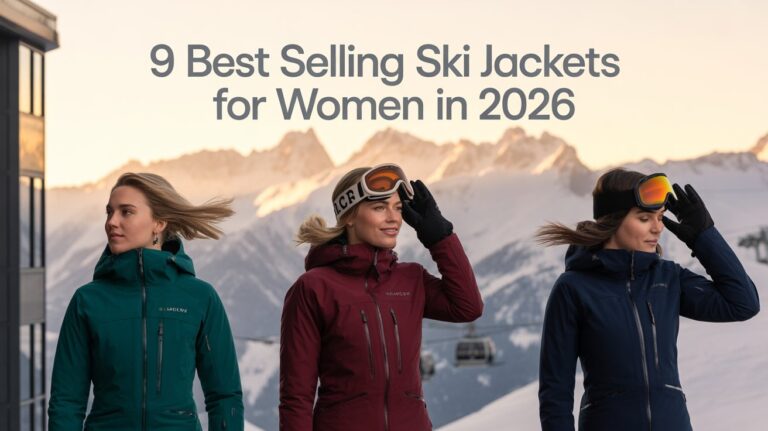 Posing on a sun-lit snowy ridge in ski jackets, alpine peaks glowing behind them, headline text across sky reads: ‘The 9 Best Selling Ski Jackets for Women in 2026.