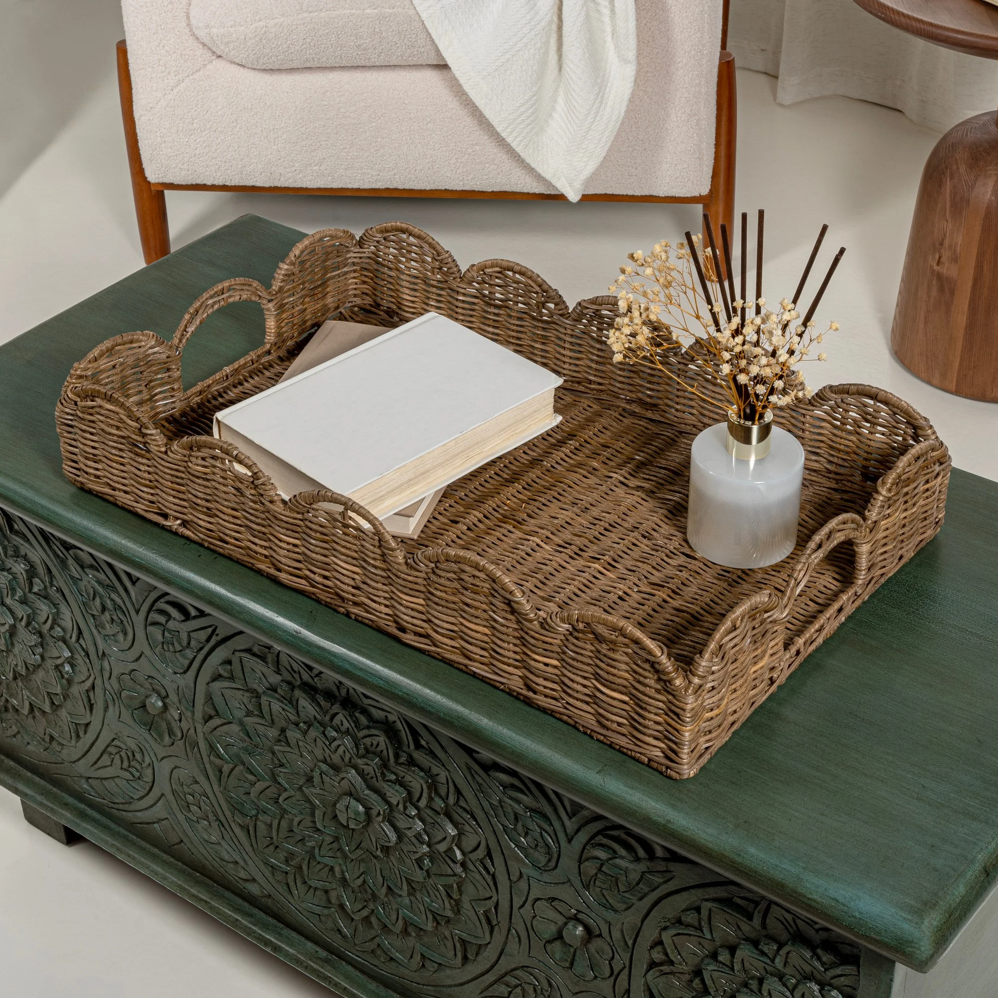 hese baskets add that "handmade" charm to your coffee table. Use one for remotes or one for a chic tray moment.