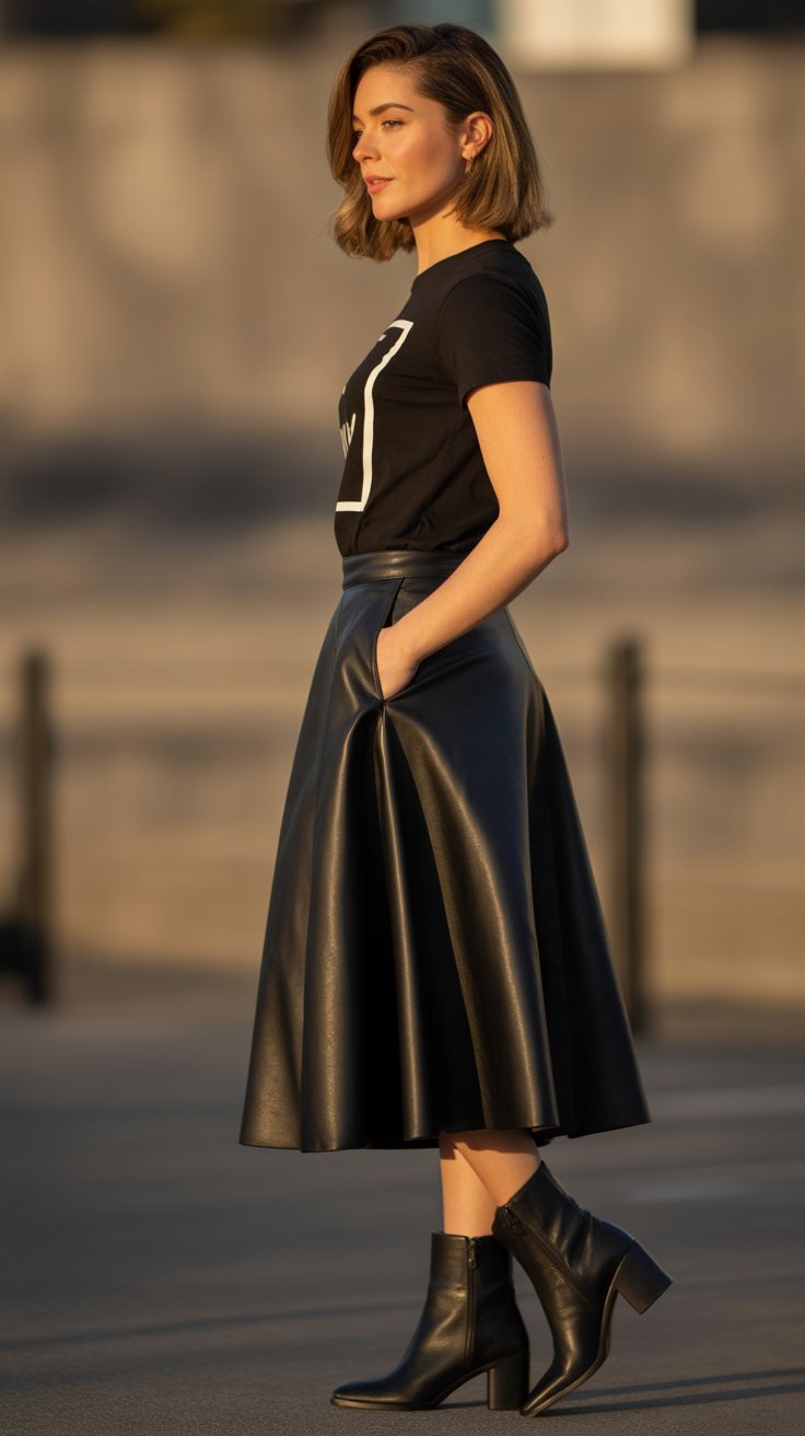 Pick a minimalist graphic in white on navy cotton for subtlety, the skirt's A-line flare softening the look. Slip on ankle boots to hug the calf, keeping legs sleek.