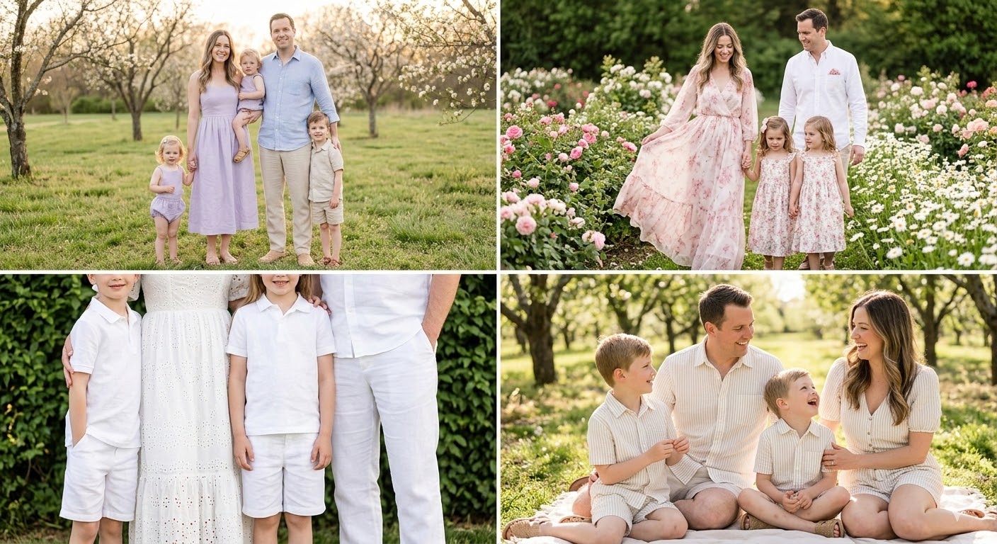 Struggling to coordinate outfits for spring family photos that feel fresh, cohesive, and totally photogenic without looking like a cookie-cutter matchy set?