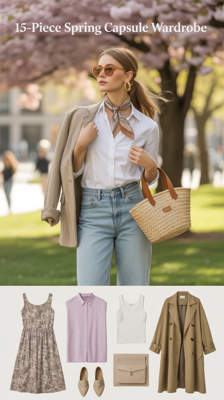 My go-to spring capsule wardrobe solves this with 15 timeless, mix-and-match pieces in soft neutrals, breathable fabrics like cotton and linen, and subtle pastels.
