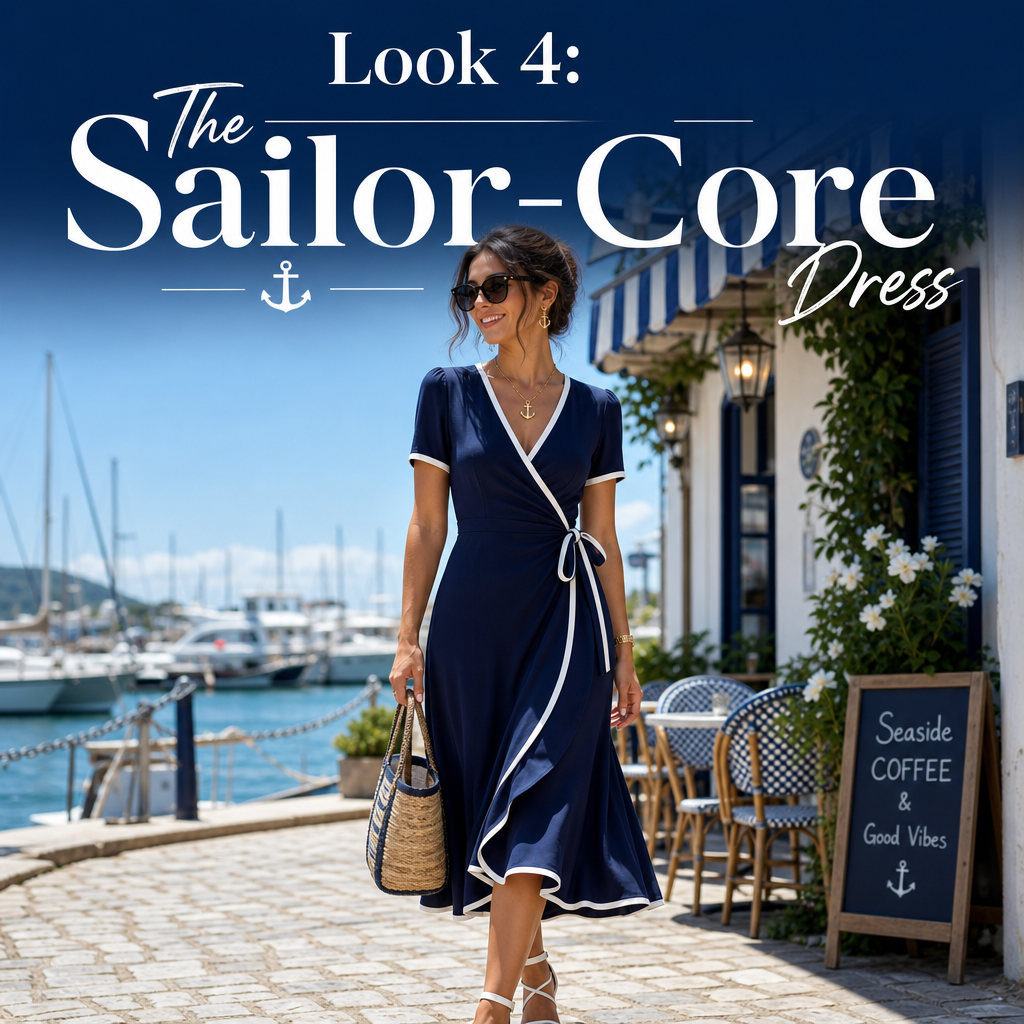 The Sailor-Core Dress — navy midi wrap dress summer outfit