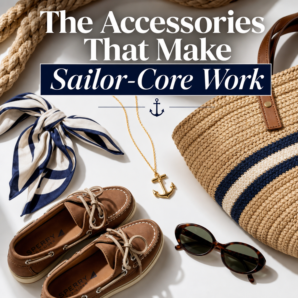 Sailor-Core Accessories — boat shoes, anchor necklace, straw tote, retro sunglasses