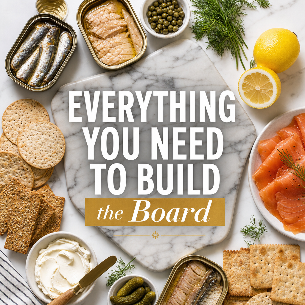 Tinned fish charcuterie board supplies — boards, crackers, spreads and garnishes