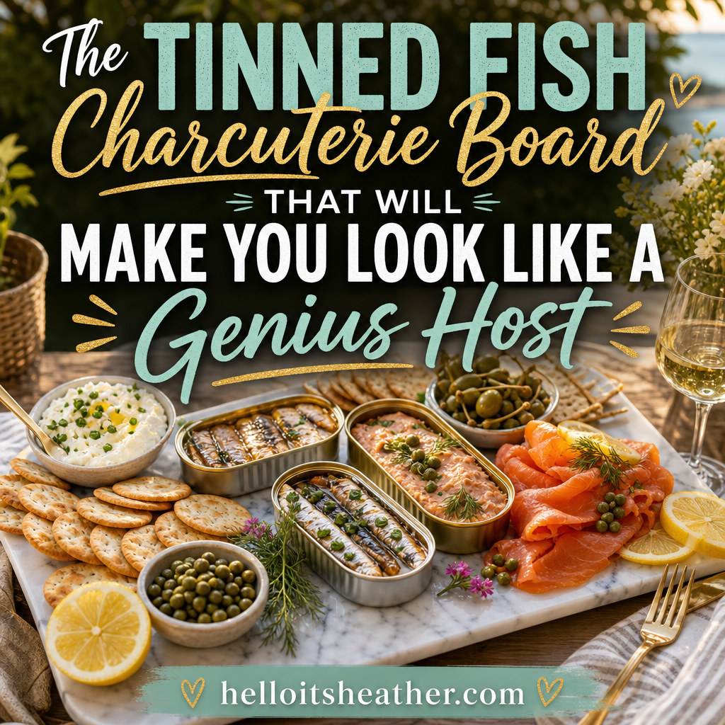 Pinterest pin — Tinned Fish Charcuterie Board summer entertaining helloitsheather.com