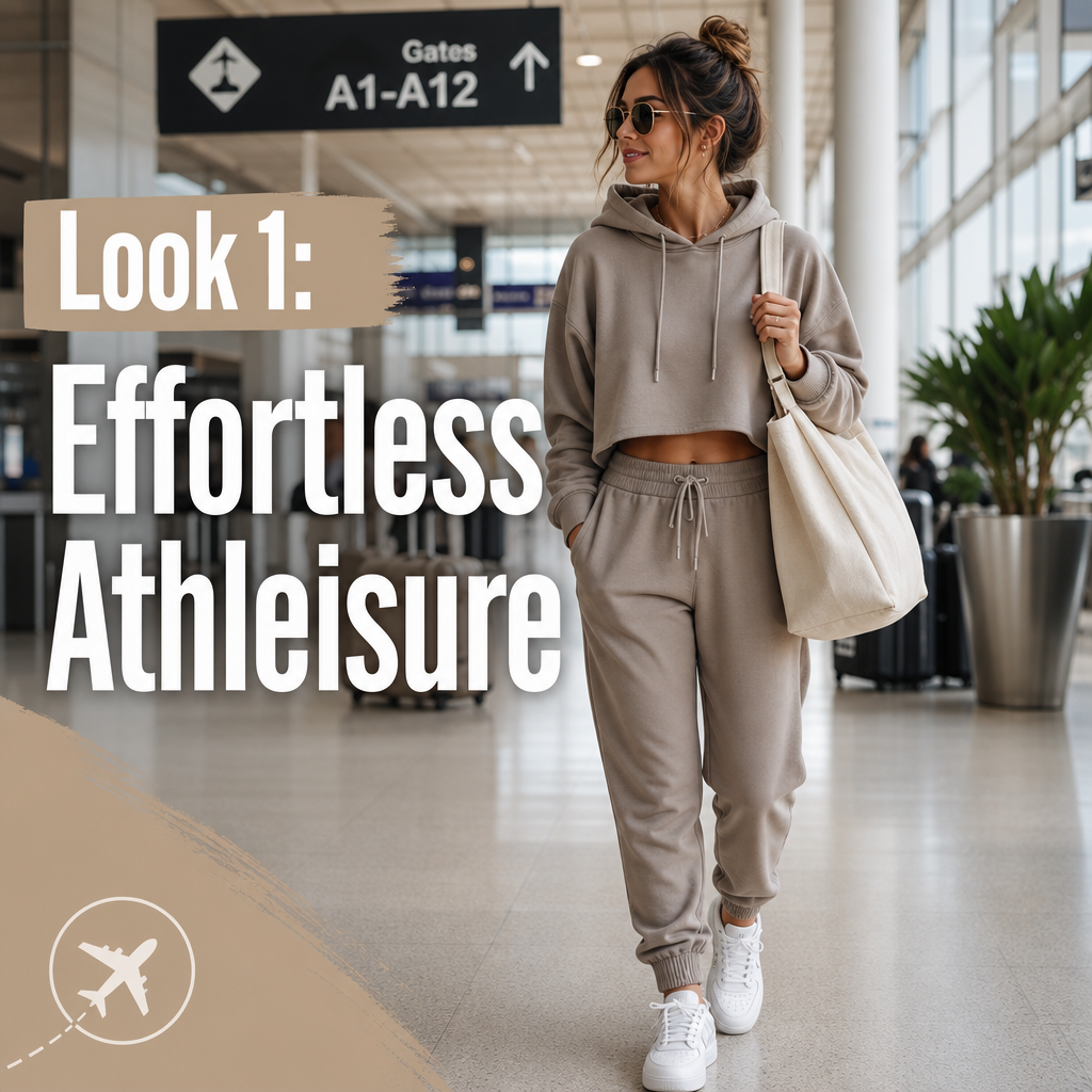 Effortless athleisure airport outfit — taupe joggers cropped hoodie sneakers