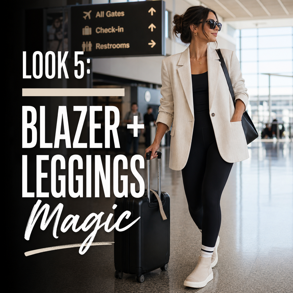 Ivory linen blazer black leggings airport travel outfit