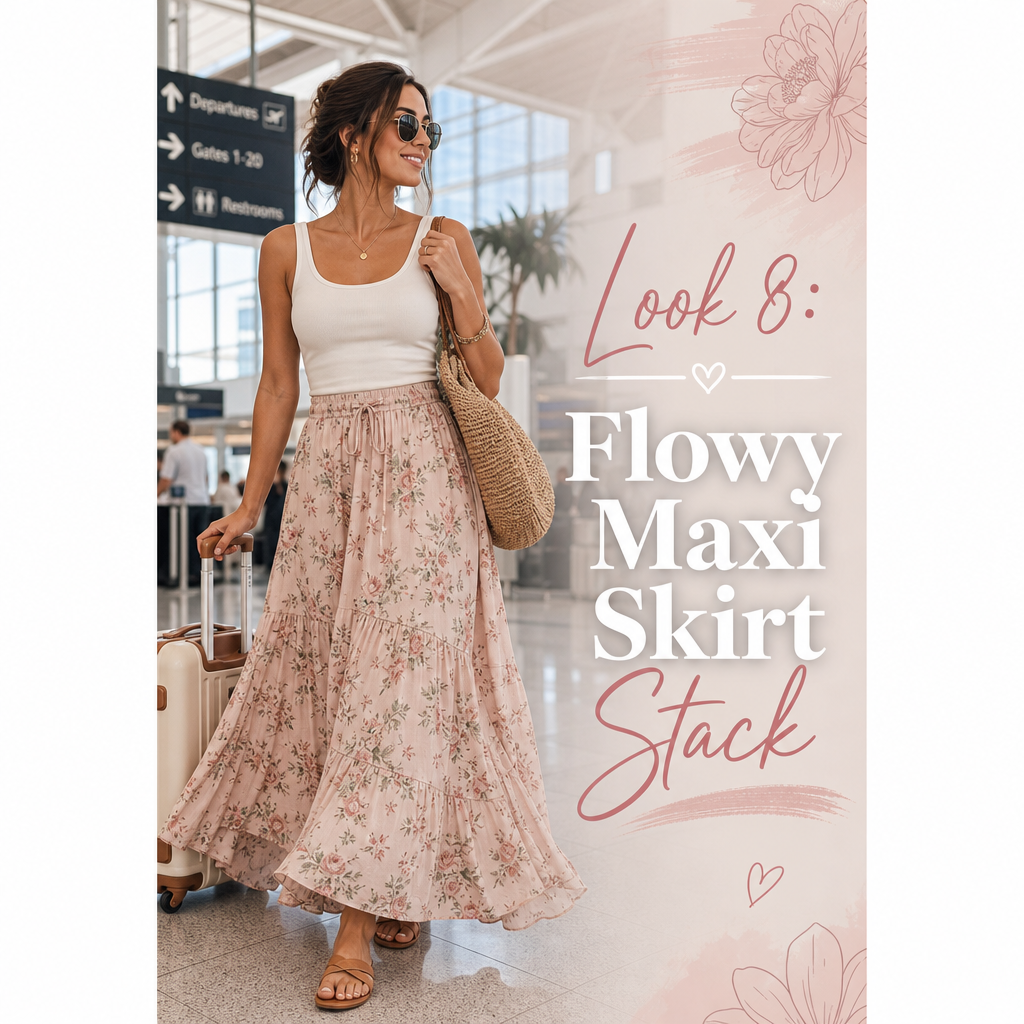 Flowy maxi skirt fitted tank summer airport travel outfit