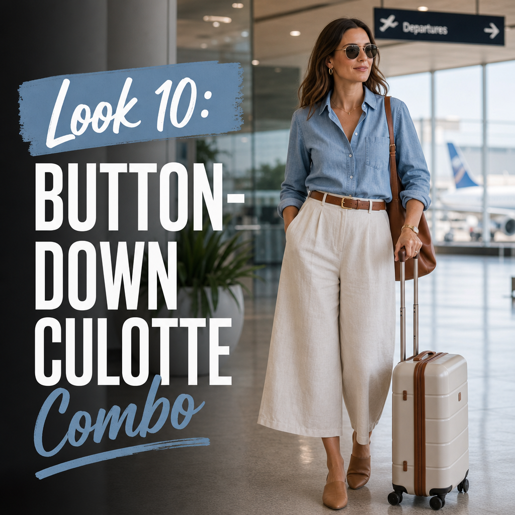 Chambray button down linen culottes summer airport travel outfit