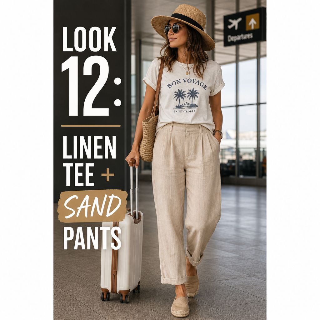Sand linen pants graphic tee espadrilles airport outfit