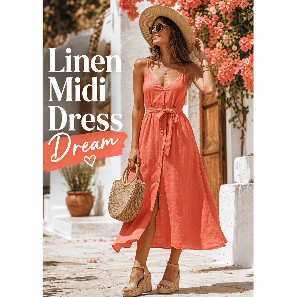Coral linen midi dress summer fashion