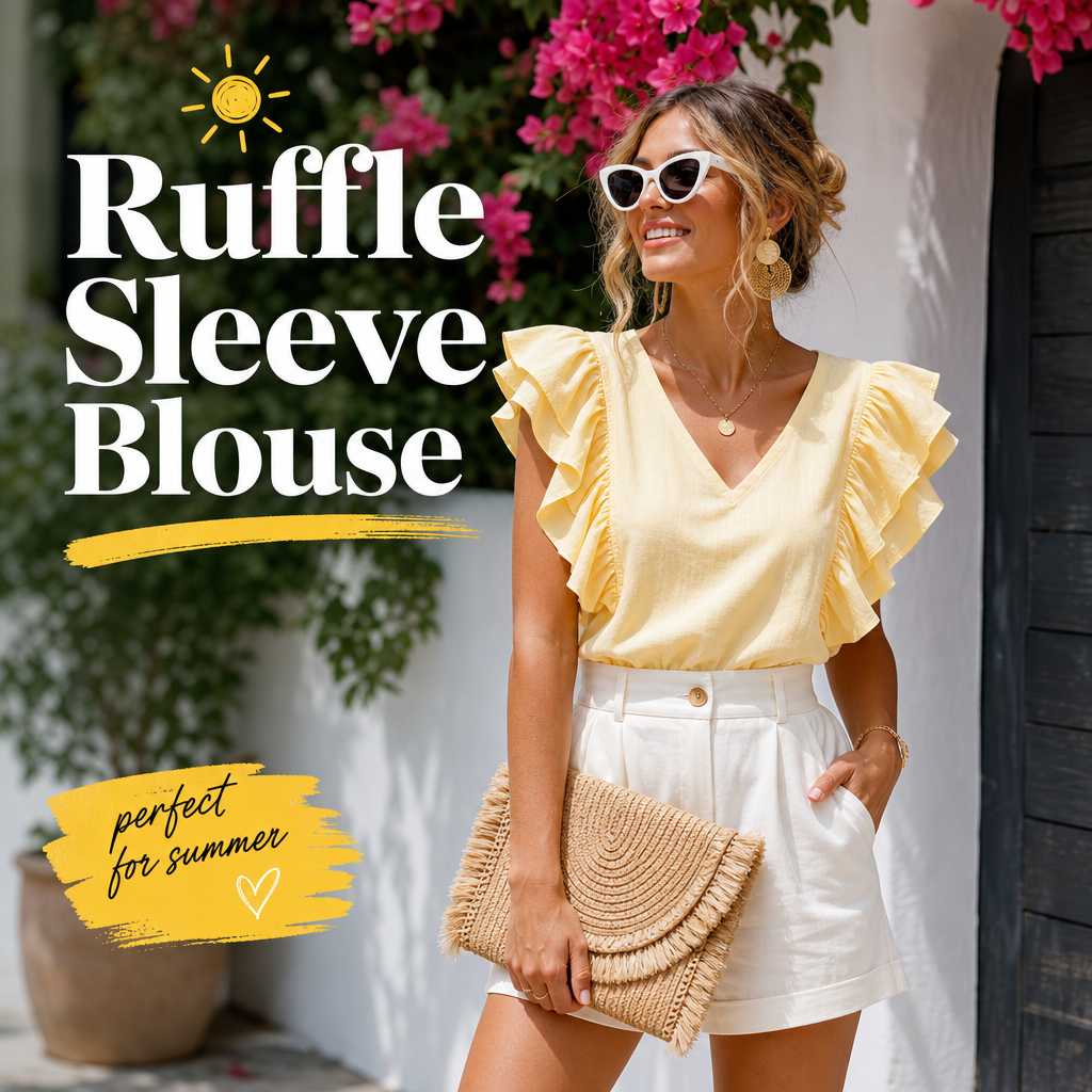 Butter yellow ruffle sleeve blouse summer fashion