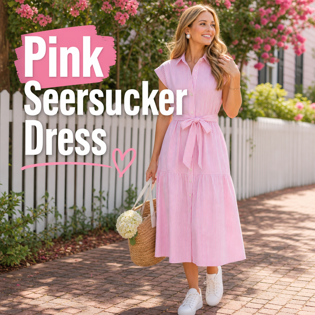 Pink seersucker shirt dress summer outfit