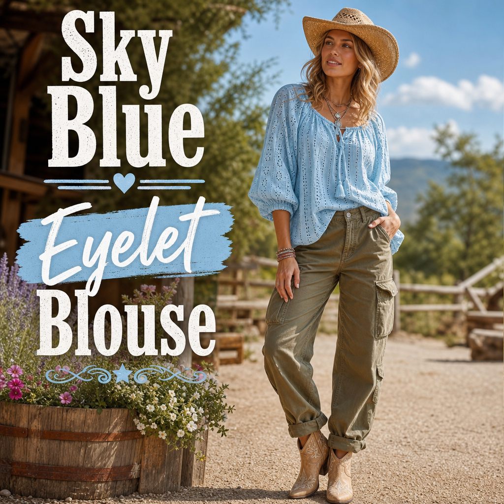 Sky blue eyelet peasant blouse cowboy hat western summer fashion
