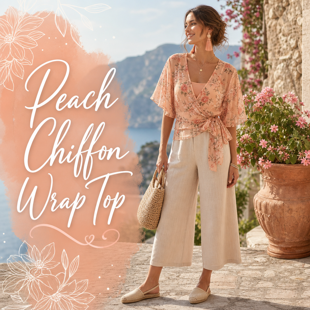 Peach floral chiffon wrap top linen culottes summer fashion