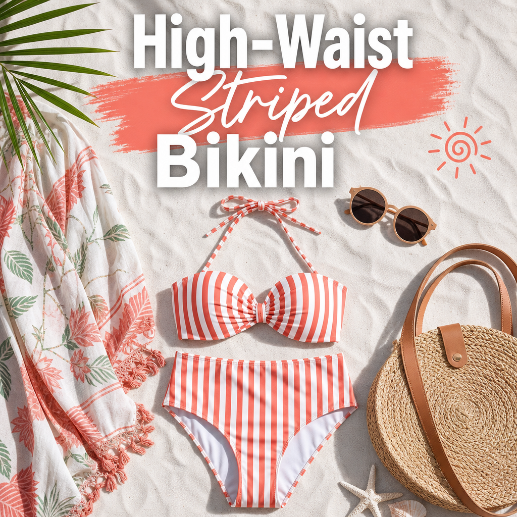 High waist striped bikini flat lay summer fashion Amazon
