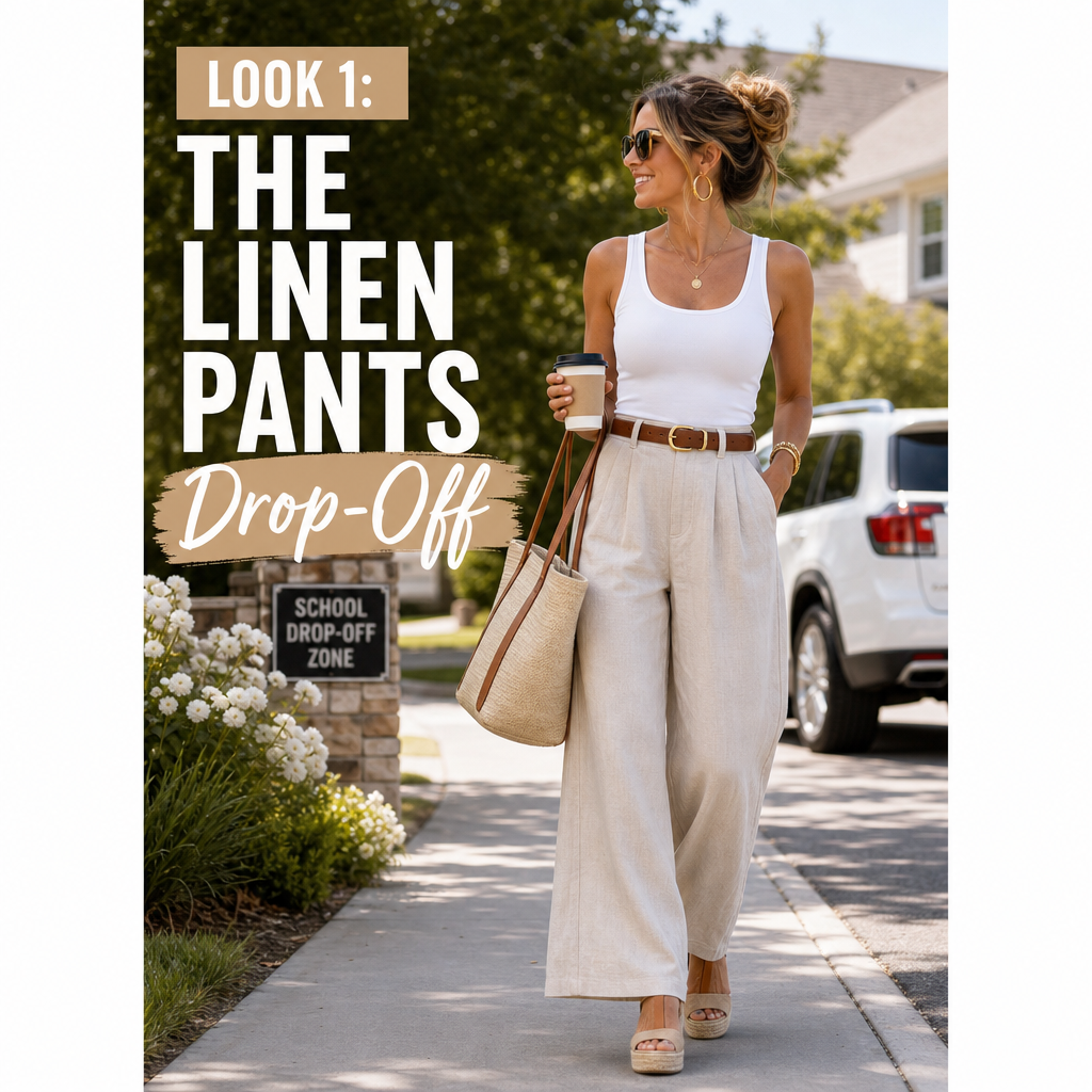 Mom back to school drop off outfit — linen pants fitted top espadrilles