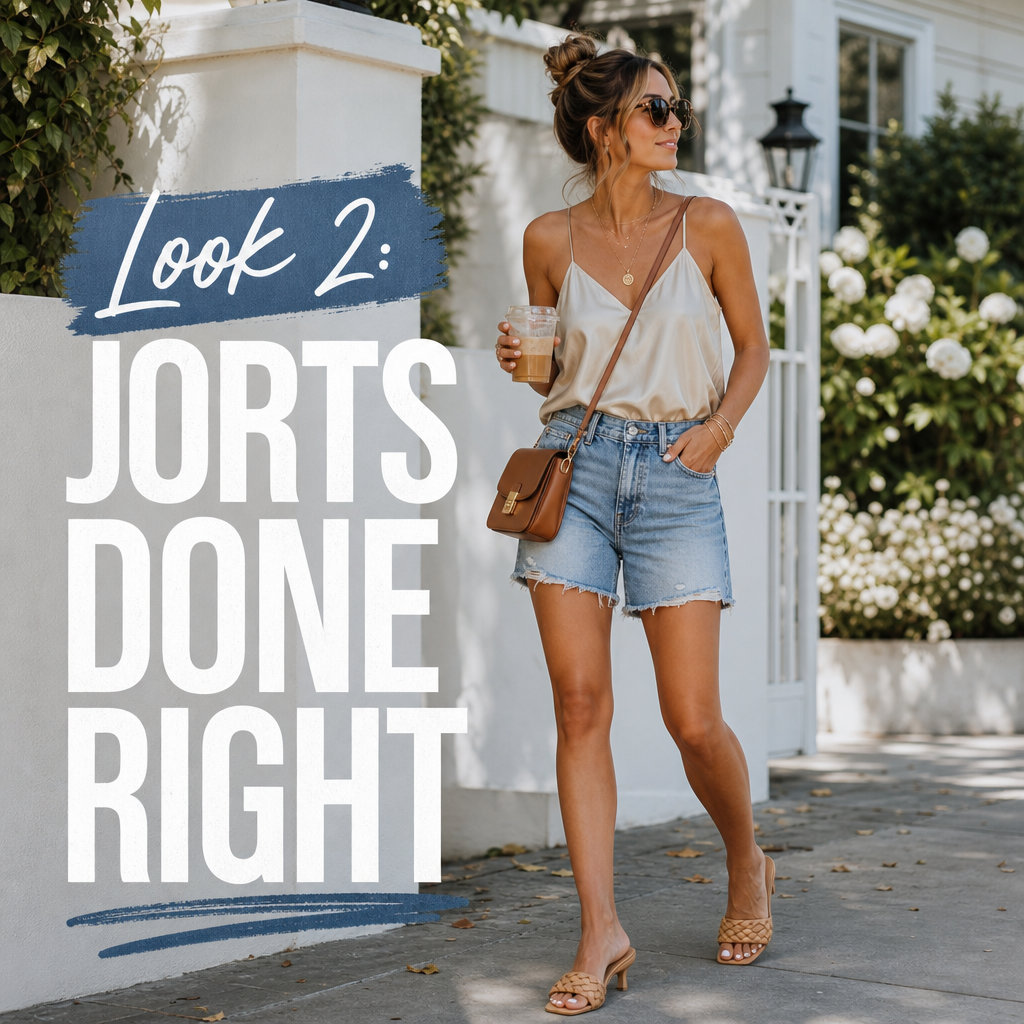 Mom back to school outfit — denim shorts silk top heeled mules