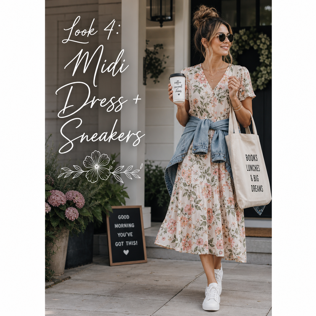 Mom back to school outfit — midi dress sneakers casual chic