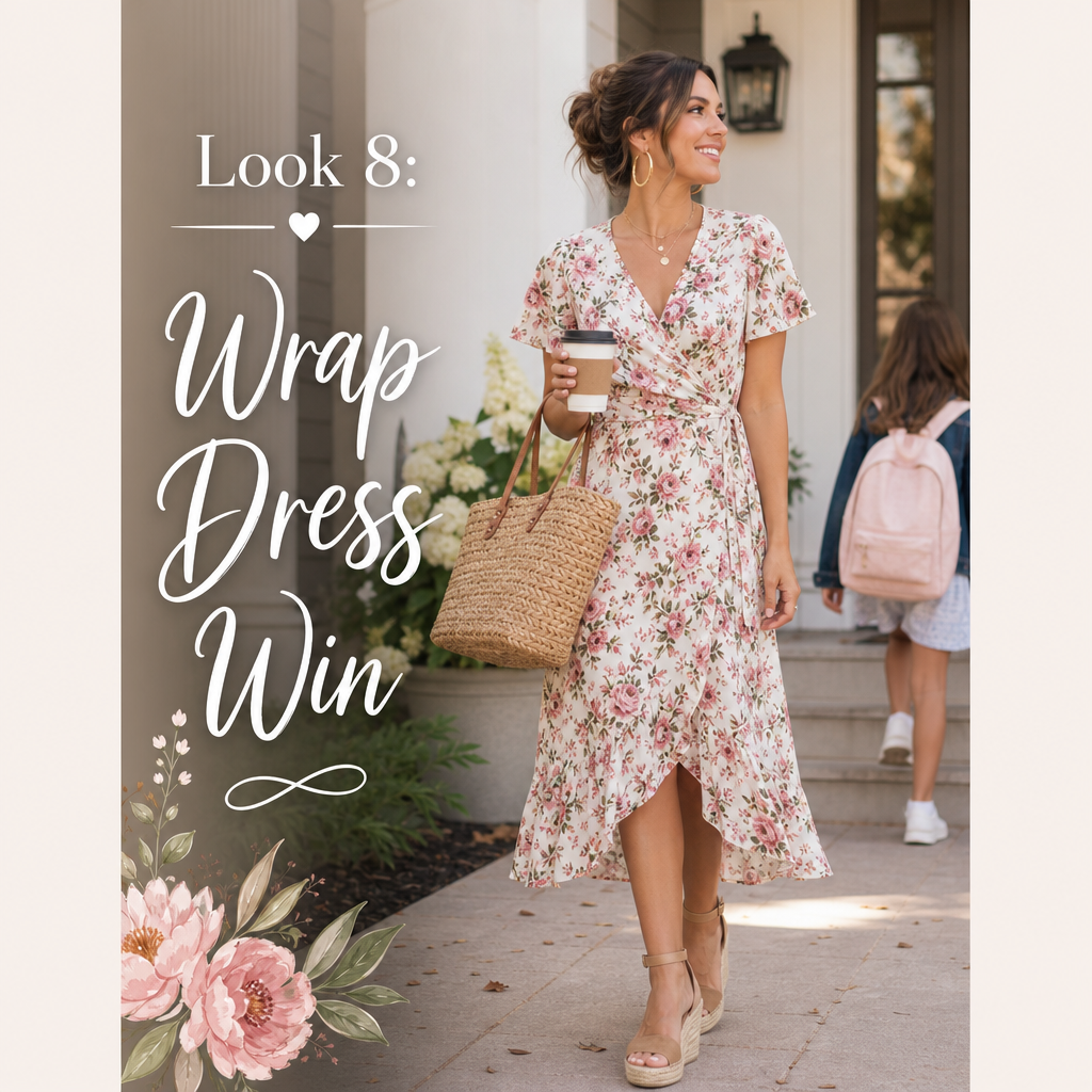 Mom back to school outfit — wrap dress wedges put together easy