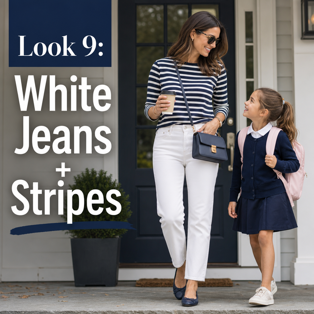 Mom back to school outfit — white jeans striped top ballet flats classic