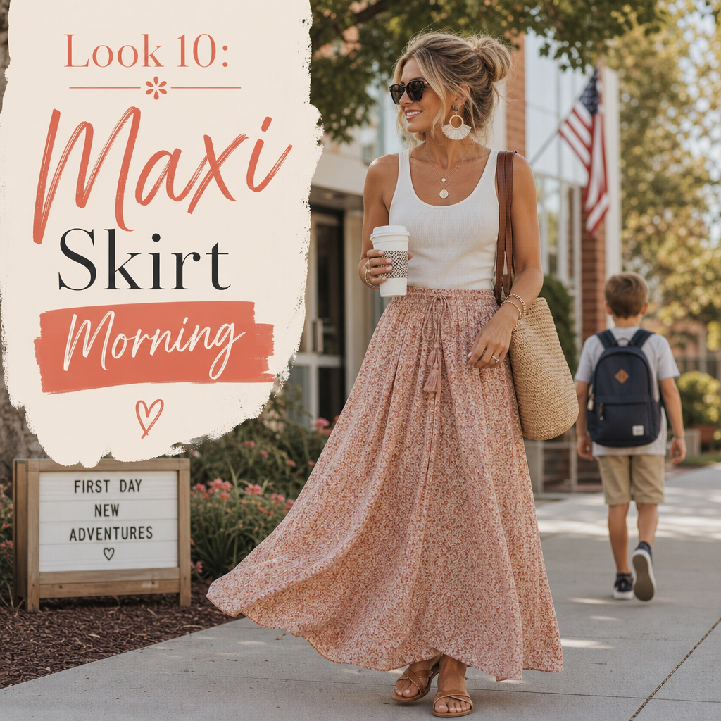 Mom back to school outfit — maxi skirt tank top sandals easy morning