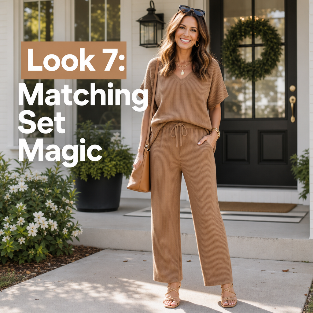 Mom back to school outfit — matching knit set sandals effortless