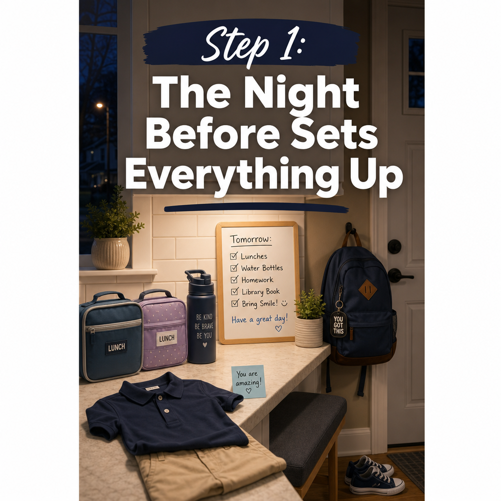 Back to school morning prep the night before — lunch packed backpack ready