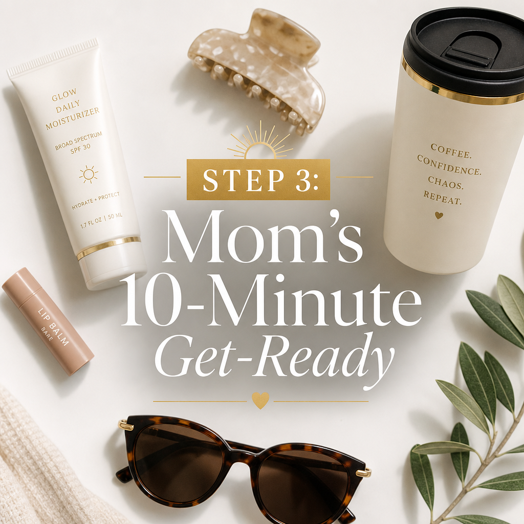 Mom quick morning get ready essentials flat lay