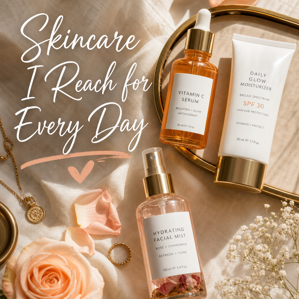 Skincare favorites Amazon — serums moisturizer SPF daily routine flat lay