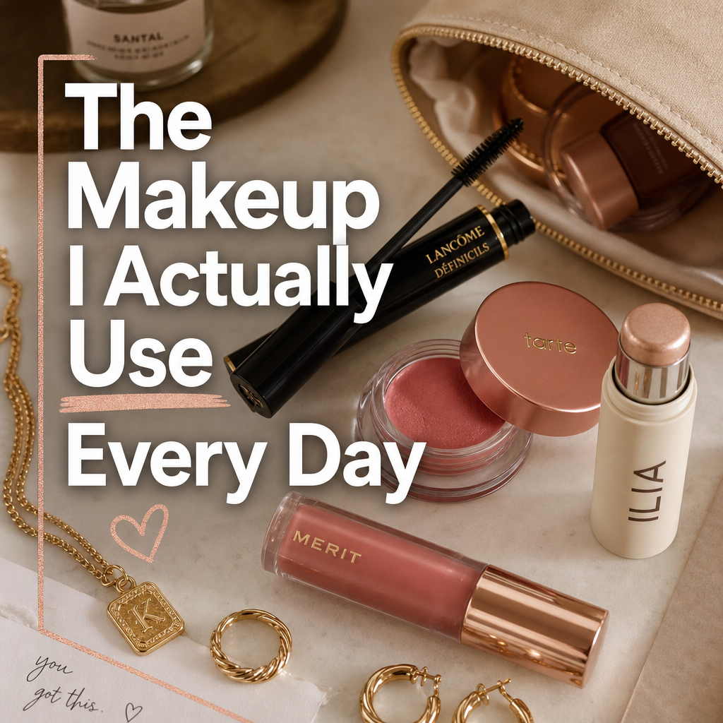 Makeup favorites Amazon — mascara lip gloss blush highlighter everyday flat lay