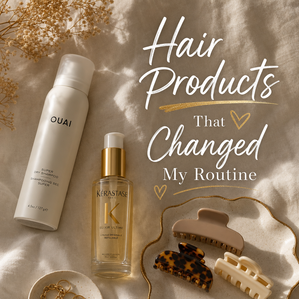 Hair favorites Amazon — dry shampoo claw clips serum flat lay
