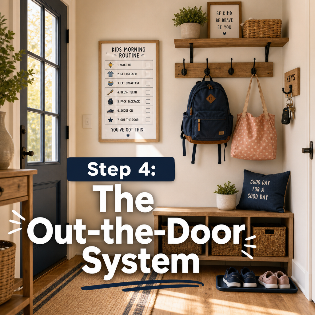 Back to school out the door system — organized entryway hooks backpack shoes