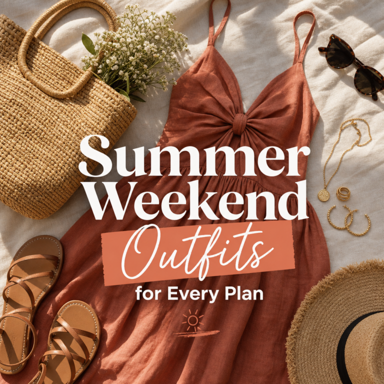Summer weekend outfit flat lay — dress sandals tote bag accessories