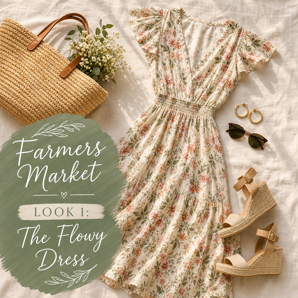 Farmers market outfit — flowy midi dress espadrilles straw tote summer