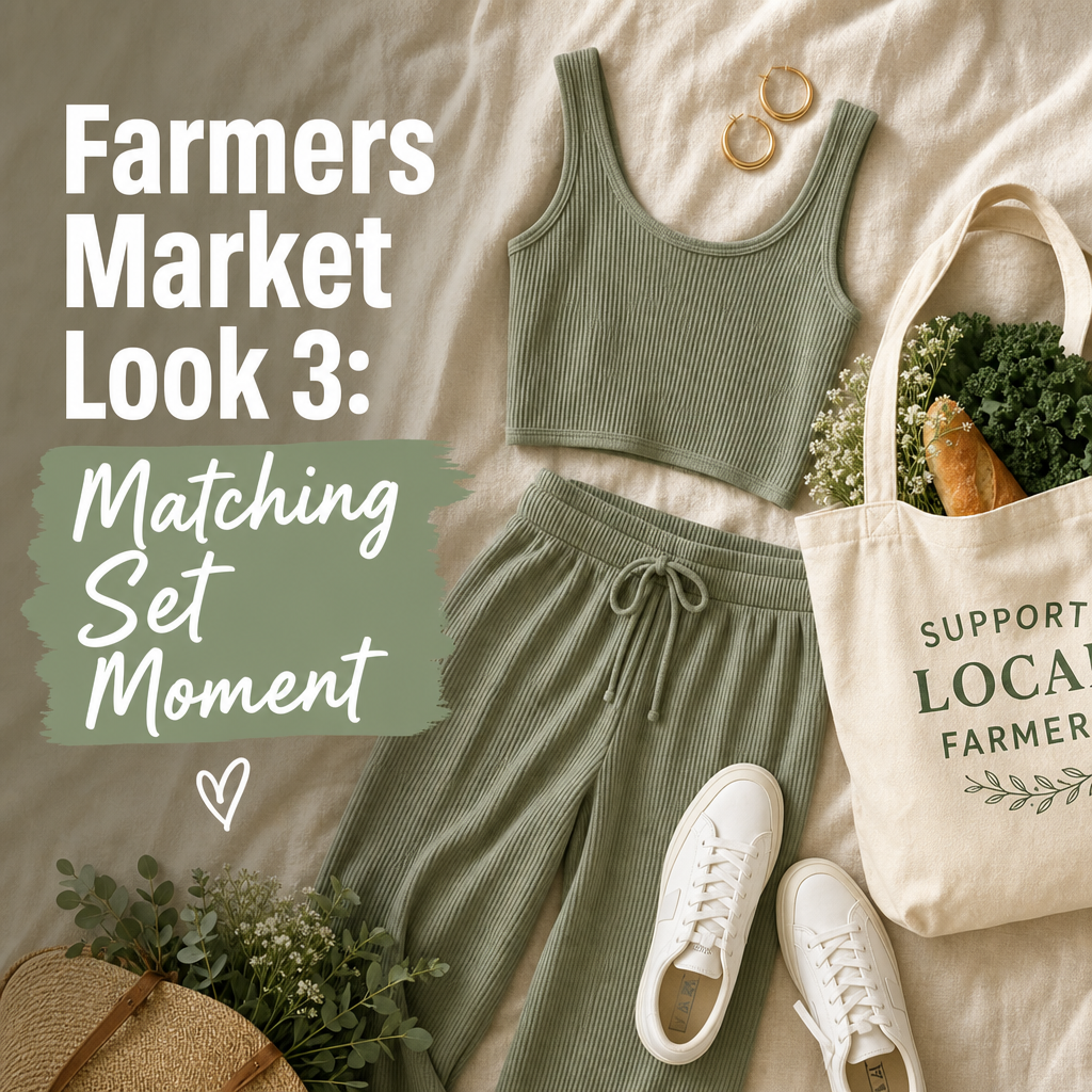 Farmers market outfit — matching set sneakers tote summer casual chic