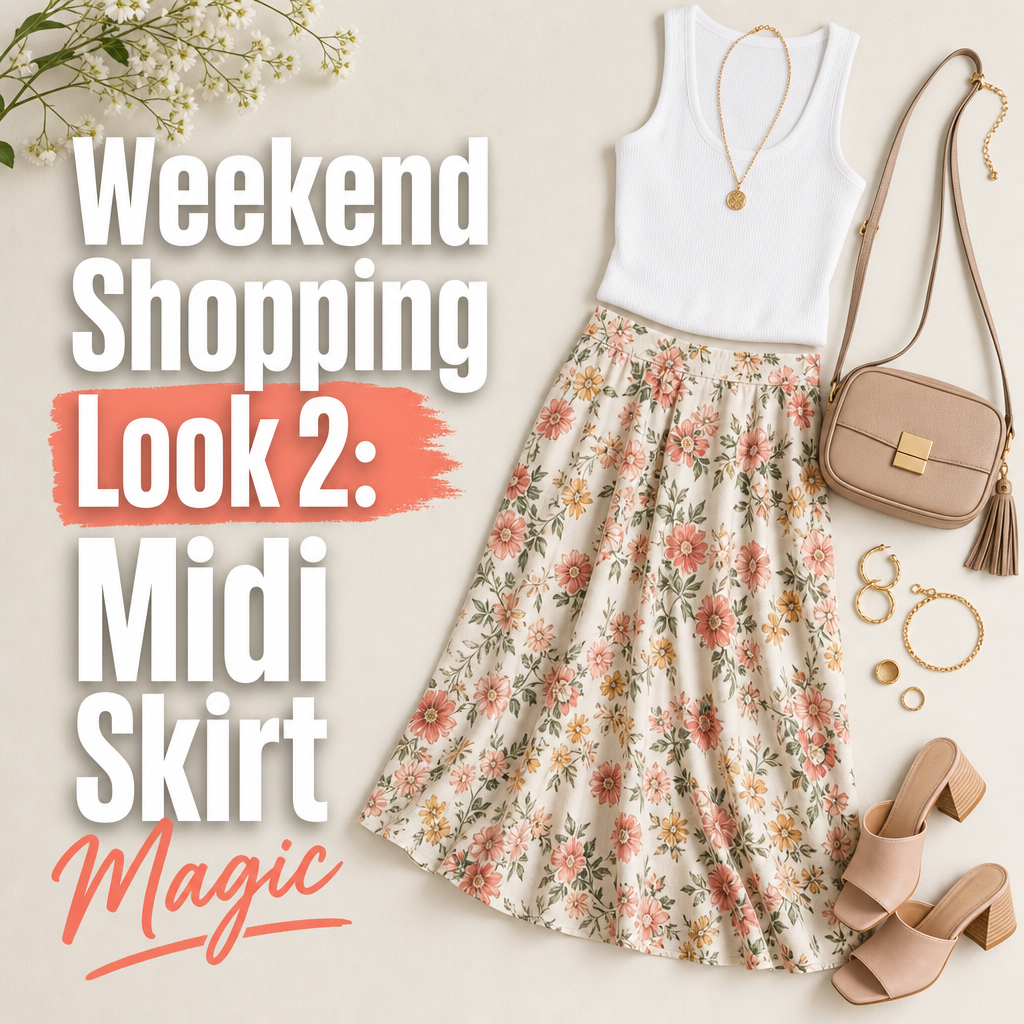 Weekend shopping outfit — midi skirt fitted tank mules crossbody summer